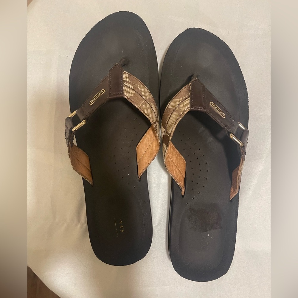 Coach Brown & Tan Logo Canvas unisex  Sandals